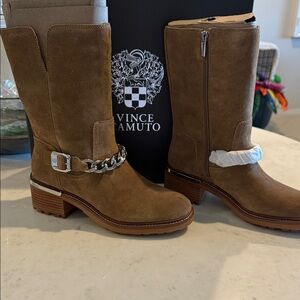 Vince Camuto Tan Suede Boots with Chain Accent